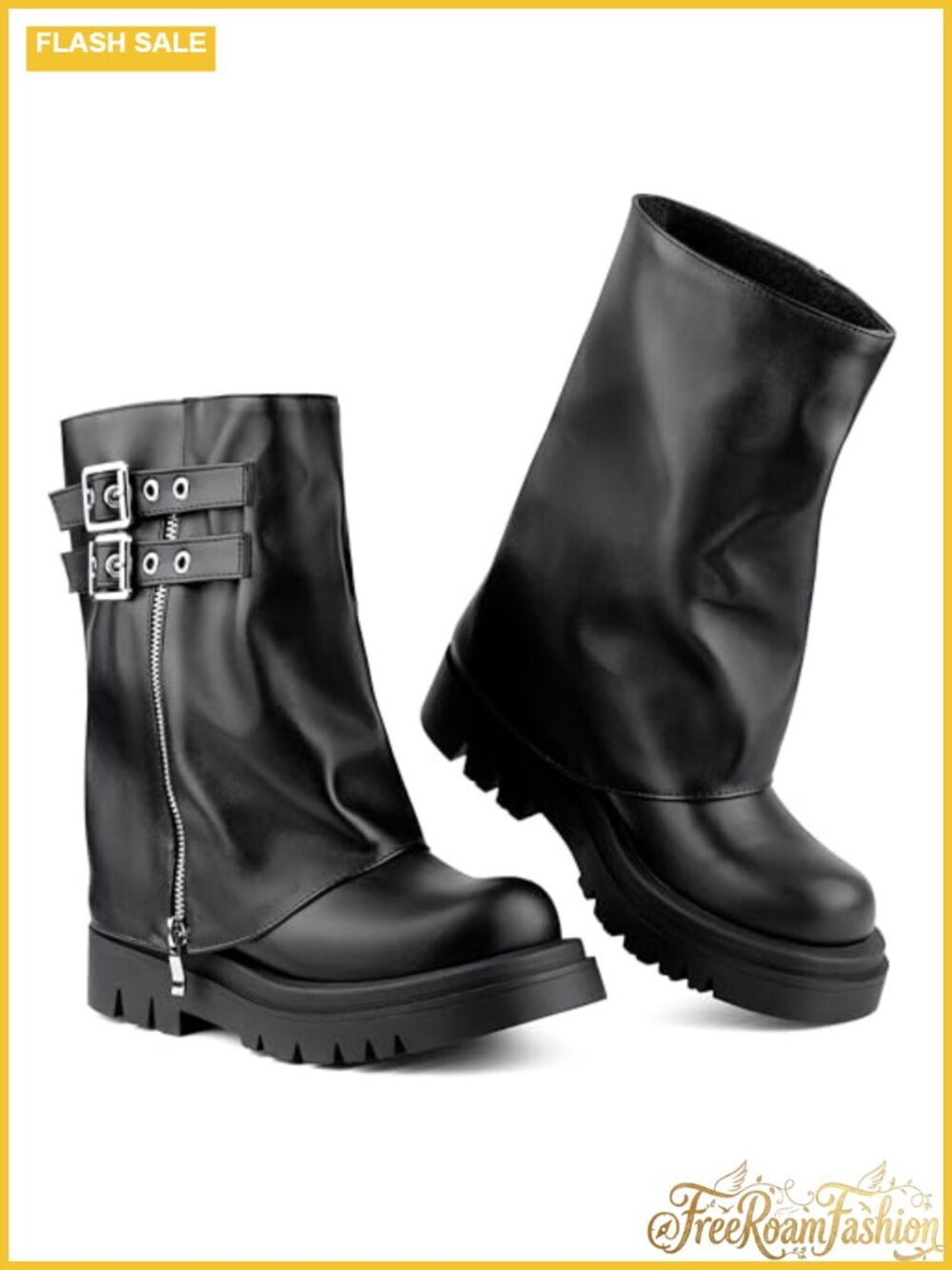Faux Leather Fold Over Mid Calf Combat Boots Platform Buckle Moto